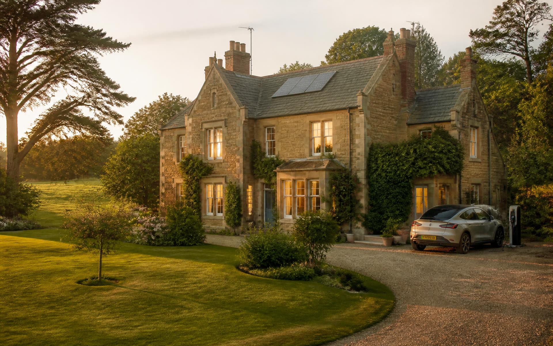A stone country house at golden hour with solar panels and an electric car on the drive